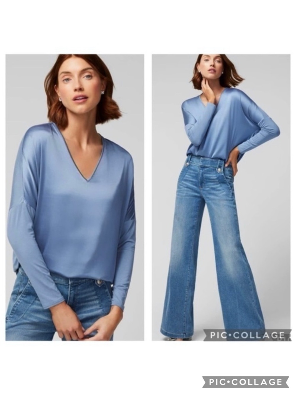 WHBM Blue Satin Knit Long Dolman Sleeve Top M Quiet Luxury Elegant